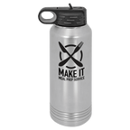 Brushed stainless steel 32 oz. insulated water bottle with a black flip-top lid, shown with a sample engraving