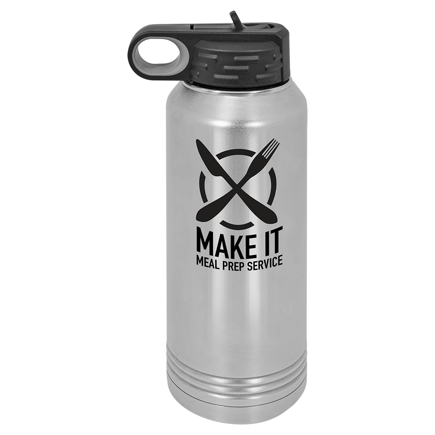 Brushed stainless steel 32 oz. insulated water bottle with a black flip-top lid, shown with a sample engraving