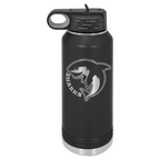 Black powder-coated 32 oz. insulated water bottle with a black flip-top lid, shown with a sample engraving