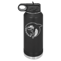 Black powder-coated 32 oz. insulated water bottle with a black flip-top lid, shown with a sample engraving