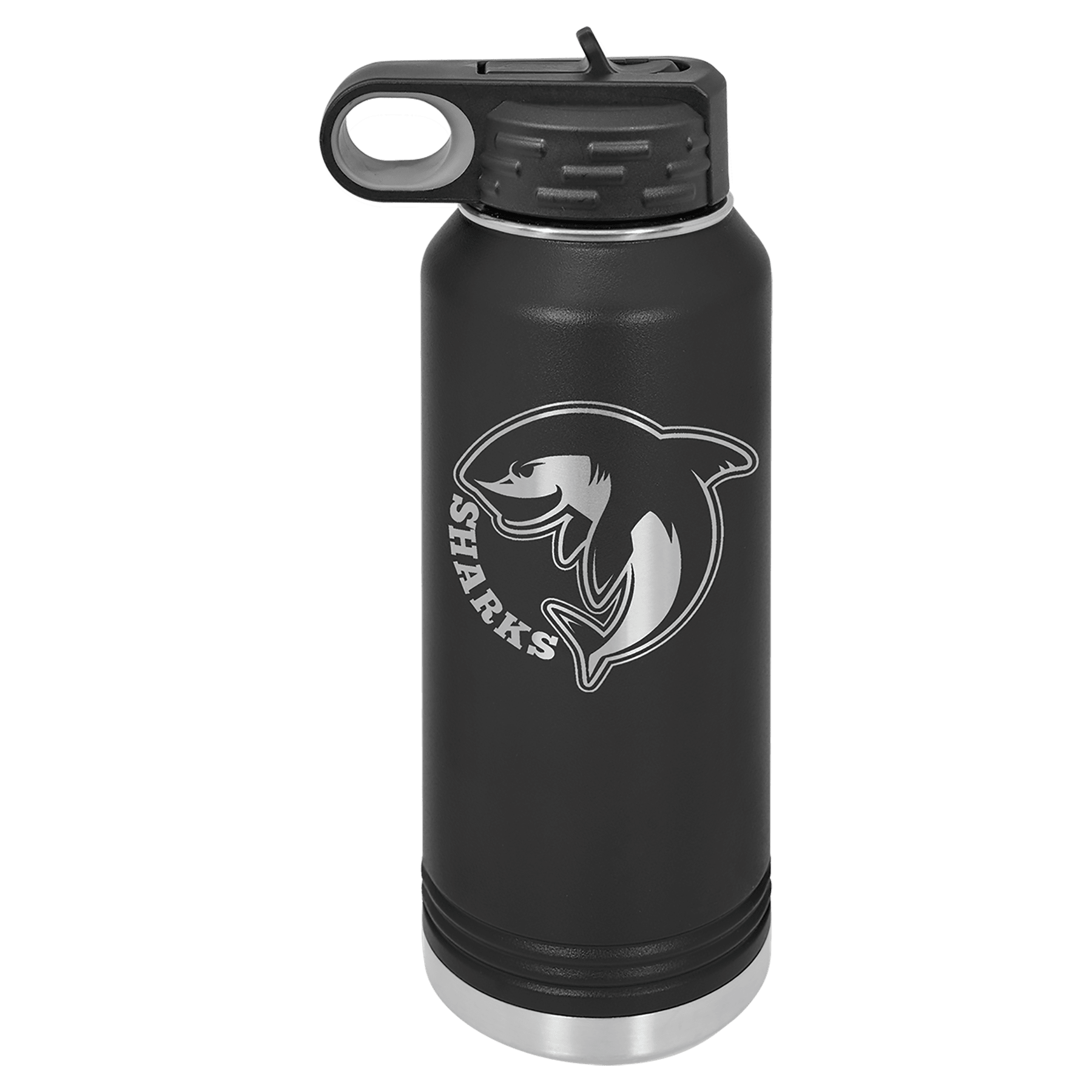Black powder-coated 32 oz. insulated water bottle with a black flip-top lid, shown with a sample engraving
