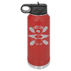 Red powder-coated 32 oz. insulated water bottle with a black flip-top lid, shown with a sample engraving