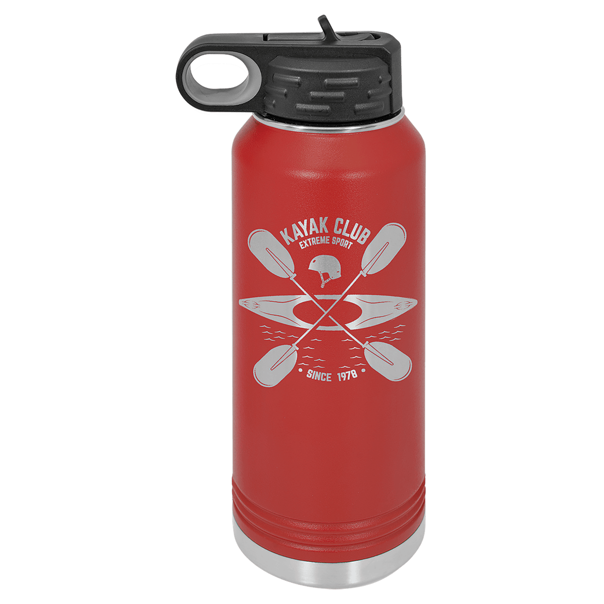 Red powder-coated 32 oz. insulated water bottle with a black flip-top lid, shown with a sample engraving