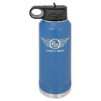 Blue powder-coated 32 oz. insulated water bottle with a black flip-top lid, shown with a sample engraving
