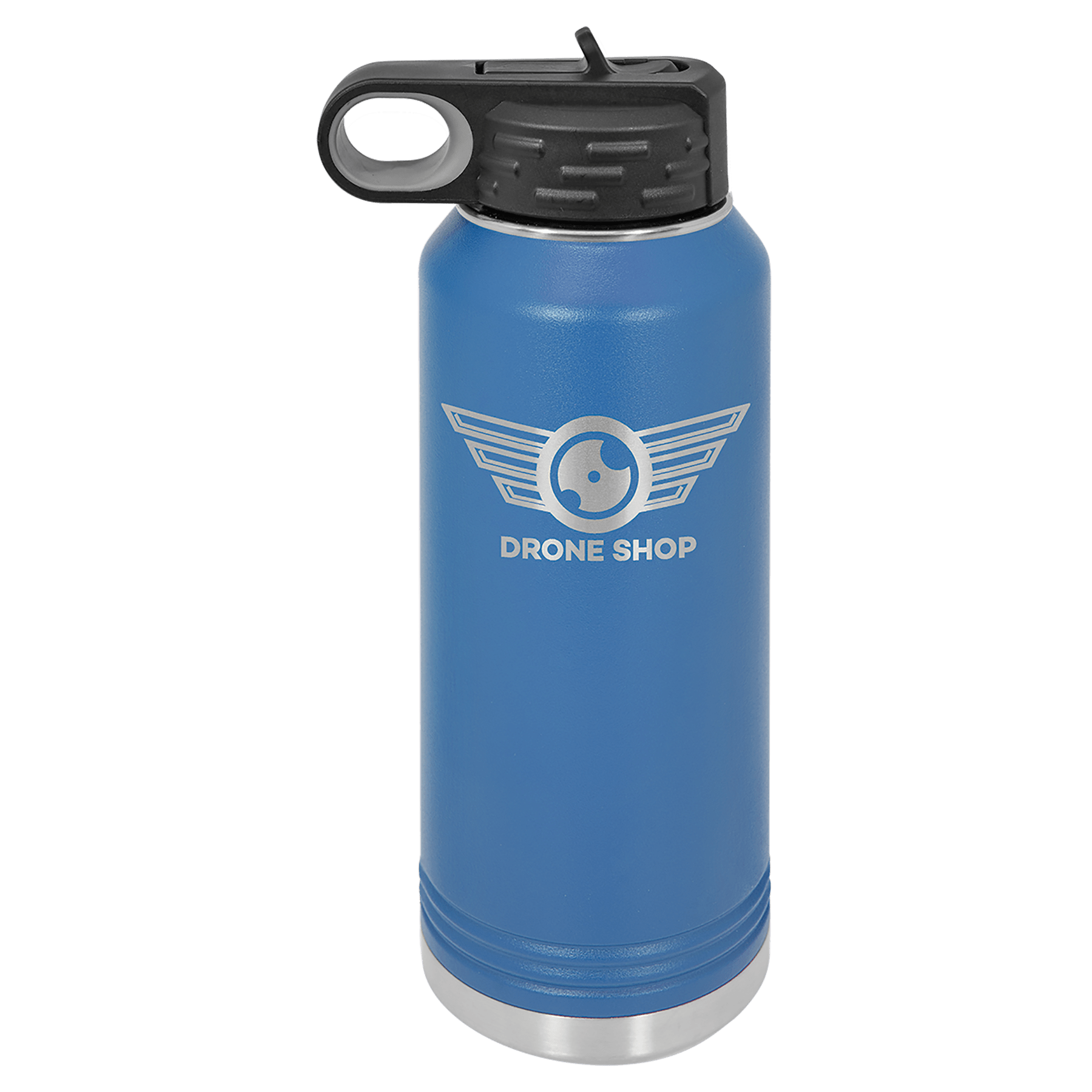 Blue powder-coated 32 oz. insulated water bottle with a black flip-top lid, shown with a sample engraving