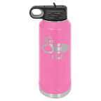 Pink powder-coated 32 oz. insulated water bottle with a black flip-top lid, shown with a sample engraving