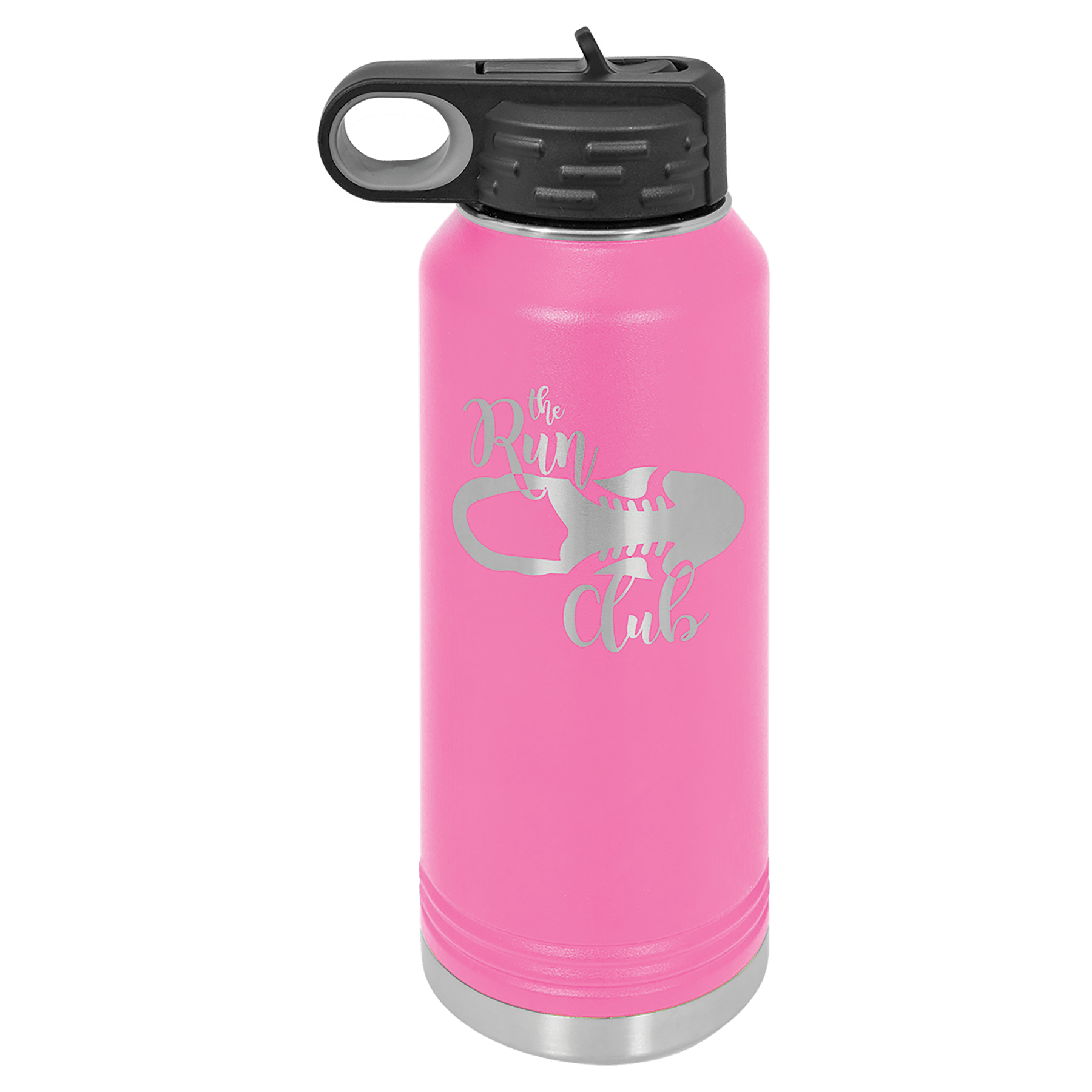 Pink powder-coated 32 oz. insulated water bottle with a black flip-top lid, shown with a sample engraving