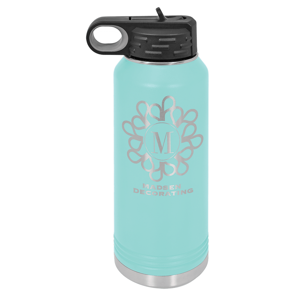 Teal powder-coated 32 oz. insulated water bottle with a black flip-top lid, shown with a sample engraving