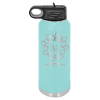 Teal powder-coated 32 oz. insulated water bottle with a black flip-top lid, shown with a sample engraving