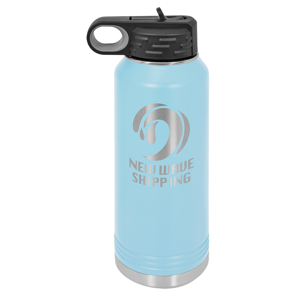 Light blue powder-coated 32 oz. insulated water bottle with a black flip-top lid, shown with a sample engraving