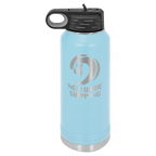 Light blue powder-coated 32 oz. insulated water bottle with a black flip-top lid, shown with a sample engraving