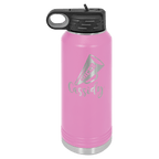 Light purple powder-coated 32 oz. insulated water bottle with a black flip-top lid, shown with a sample engraving