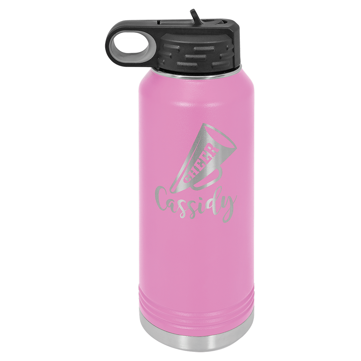 Light purple powder-coated 32 oz. insulated water bottle with a black flip-top lid, shown with a sample engraving