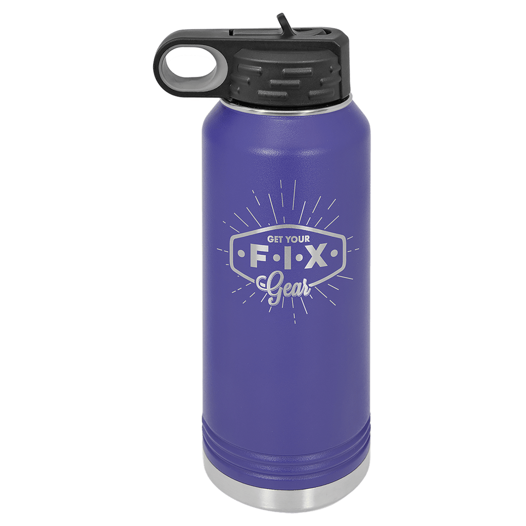 Purple powder-coated 32 oz. insulated water bottle with a black flip-top lid, shown with a sample engraving