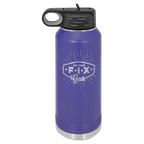 Purple powder-coated 32 oz. insulated water bottle with a black flip-top lid, shown with a sample engraving