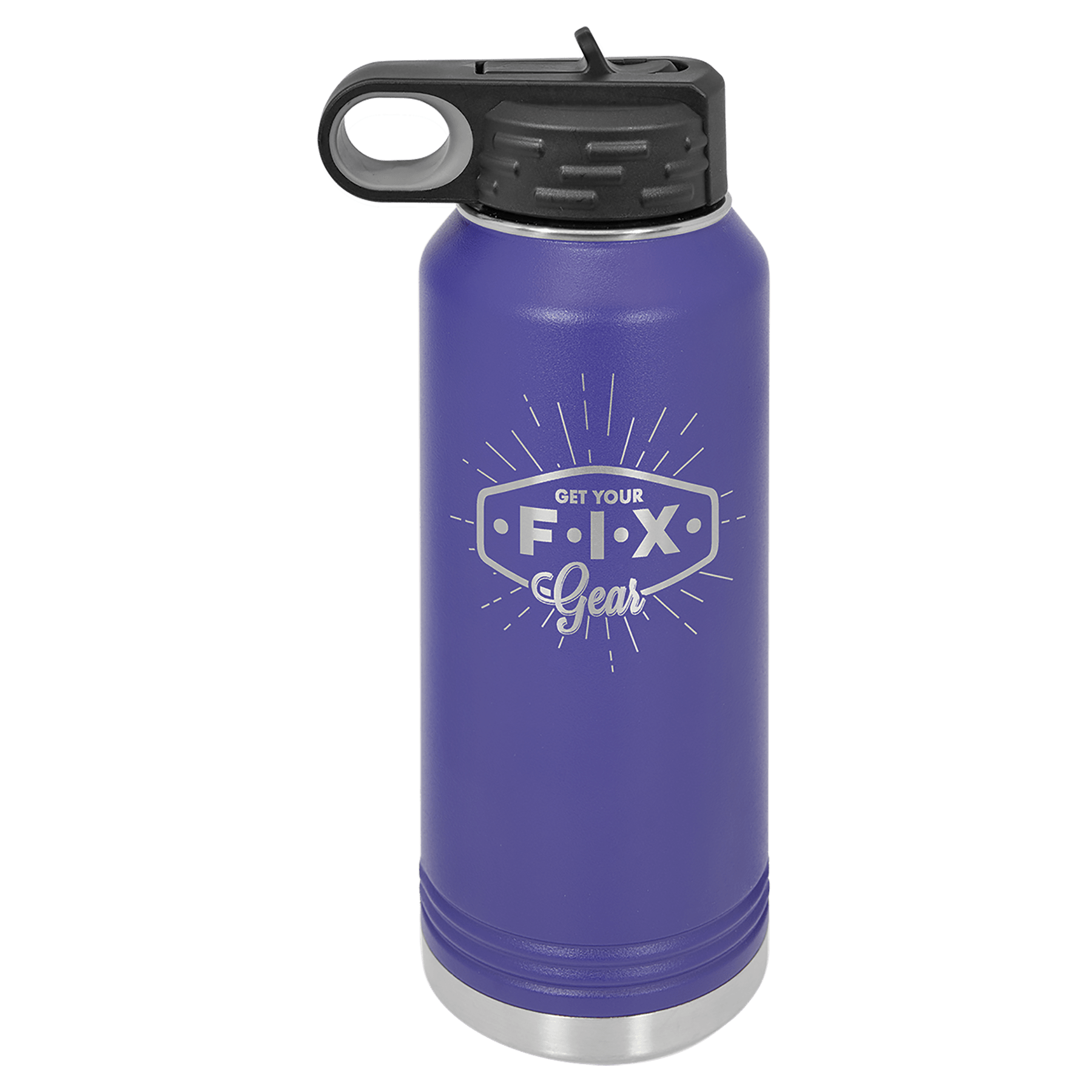 Purple powder-coated 32 oz. insulated water bottle with a black flip-top lid, shown with a sample engraving