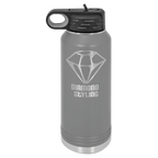 Dark gray powder-coated 32 oz. insulated water bottle with a black flip-top lid, shown with a sample engraving