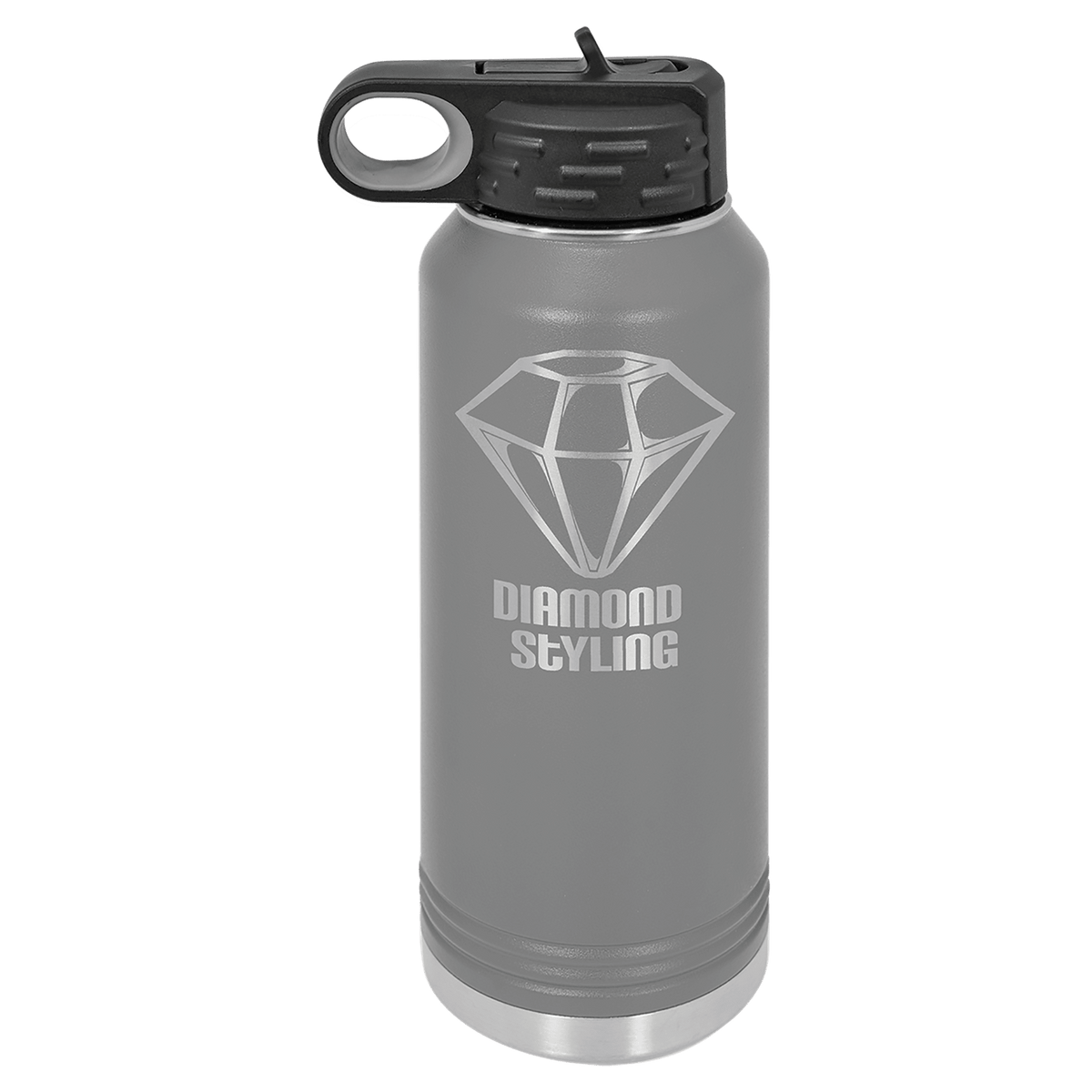 Dark gray powder-coated 32 oz. insulated water bottle with a black flip-top lid, shown with a sample engraving