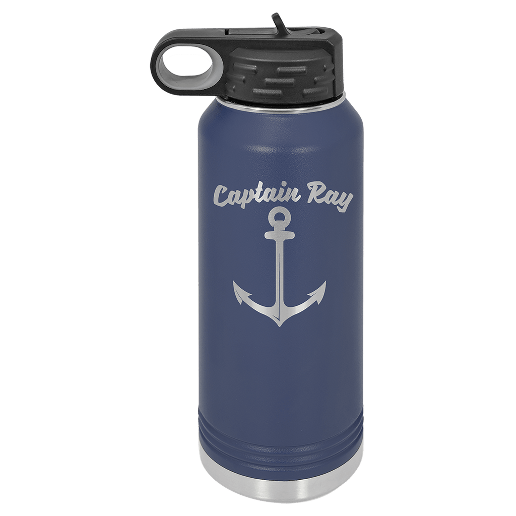 Navy blue powder-coated 32 oz. insulated water bottle with a black flip-top lid, shown with a sample engraving