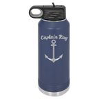 Navy blue powder-coated 32 oz. insulated water bottle with a black flip-top lid, shown with a sample engraving