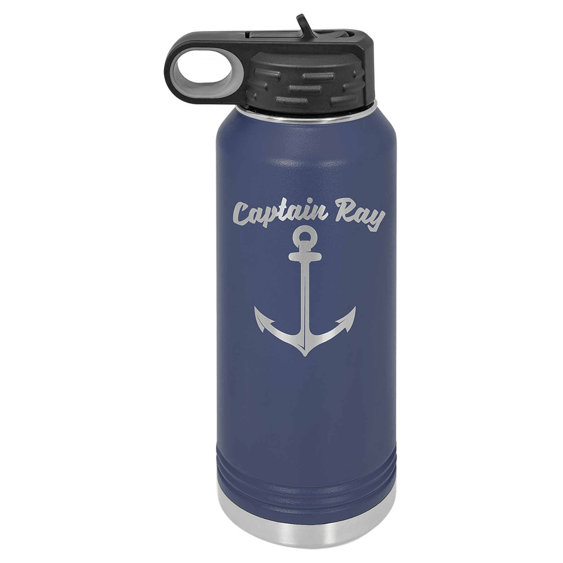Navy blue powder-coated 32 oz. insulated water bottle with a black flip-top lid, shown with a sample engraving