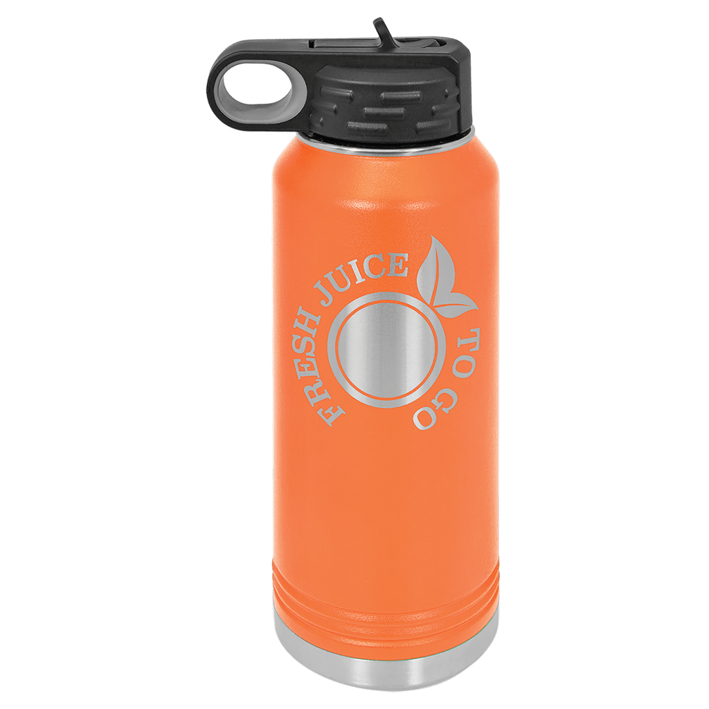 Orange powder-coated 32 oz. insulated water bottle with a black flip-top lid, shown with a sample engraving
