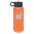 Orange powder-coated 32 oz. insulated water bottle with a black flip-top lid, shown with a sample engraving