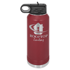 Maroon powder-coated 32 oz. insulated water bottle with a black flip-top lid, shown with a sample engraving