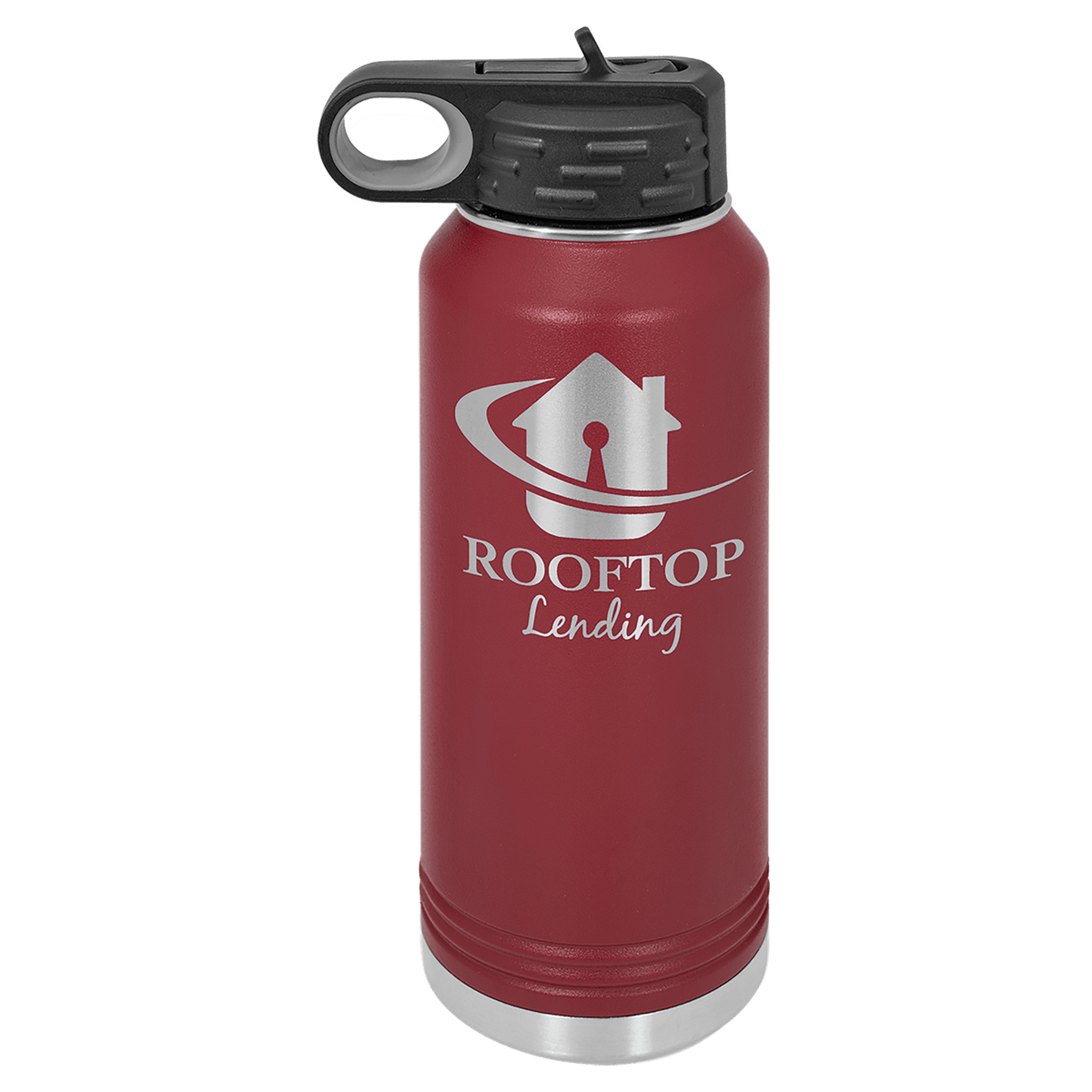Maroon powder-coated 32 oz. insulated water bottle with a black flip-top lid, shown with a sample engraving