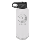White powder-coated 32 oz. insulated water bottle with a black flip-top lid, shown with a sample engraving
