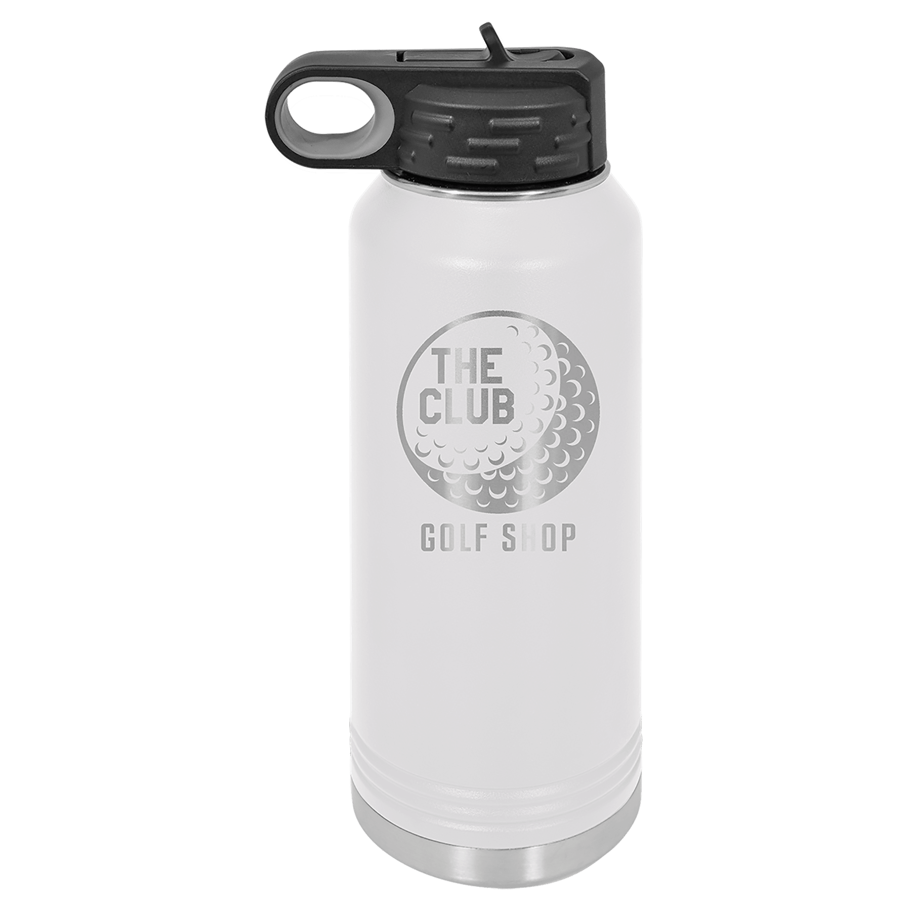 White powder-coated 32 oz. insulated water bottle with a black flip-top lid, shown with a sample engraving