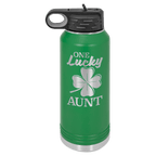Green powder-coated 32 oz. insulated water bottle with a black flip-top lid, shown with a sample engraving