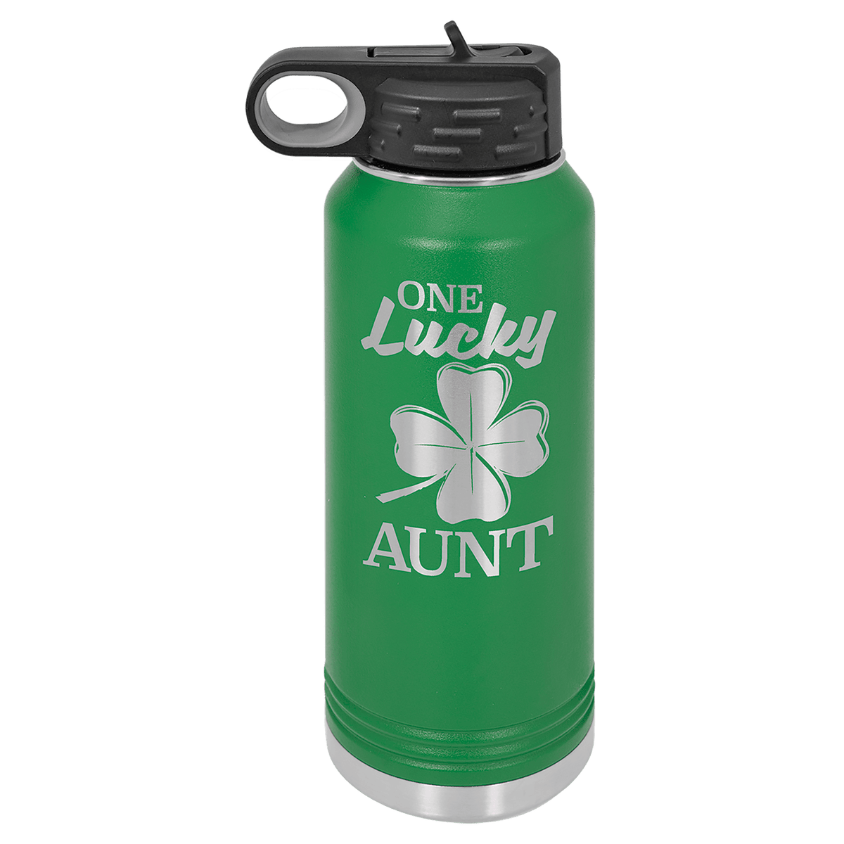 Green powder-coated 32 oz. insulated water bottle with a black flip-top lid, shown with a sample engraving