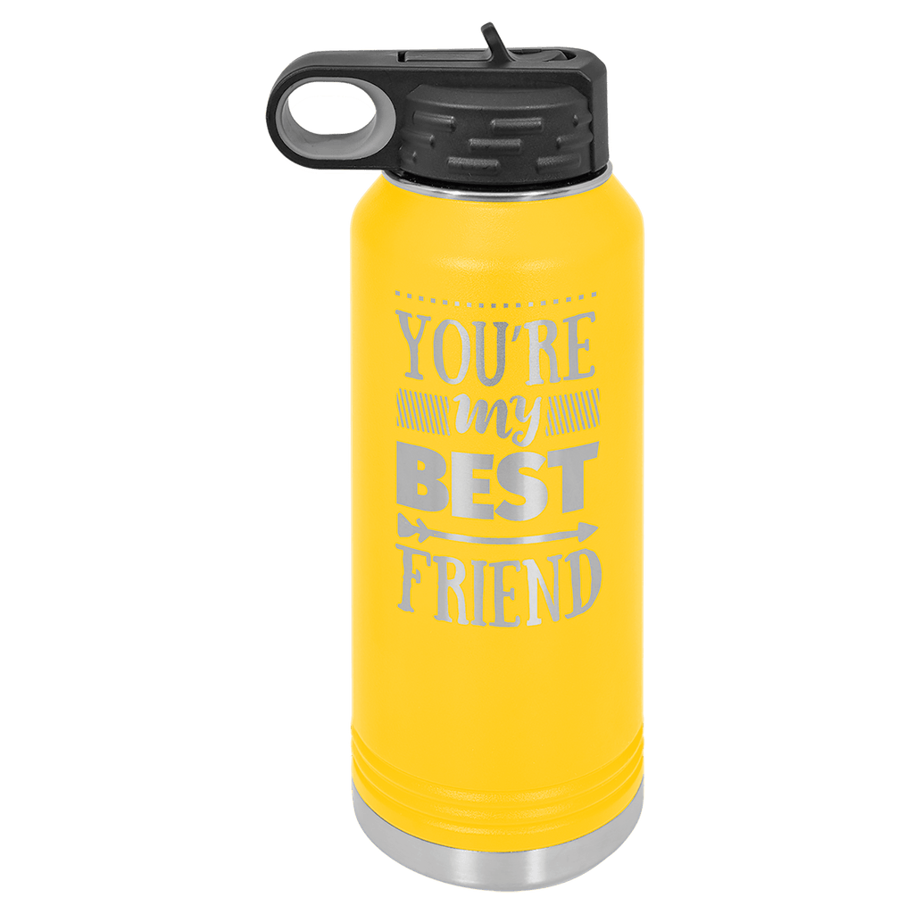 Yellow powder-coated 32 oz. insulated water bottle with a black flip-top lid, shown with a sample engraving