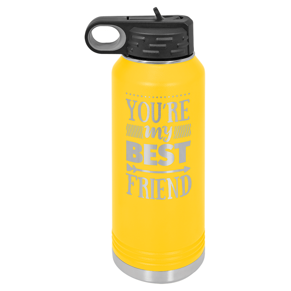 Yellow powder-coated 32 oz. insulated water bottle with a black flip-top lid, shown with a sample engraving