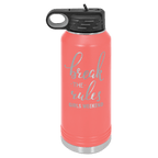 Coral powder-coated 32 oz. insulated water bottle with a black flip-top lid, shown with a sample engraving