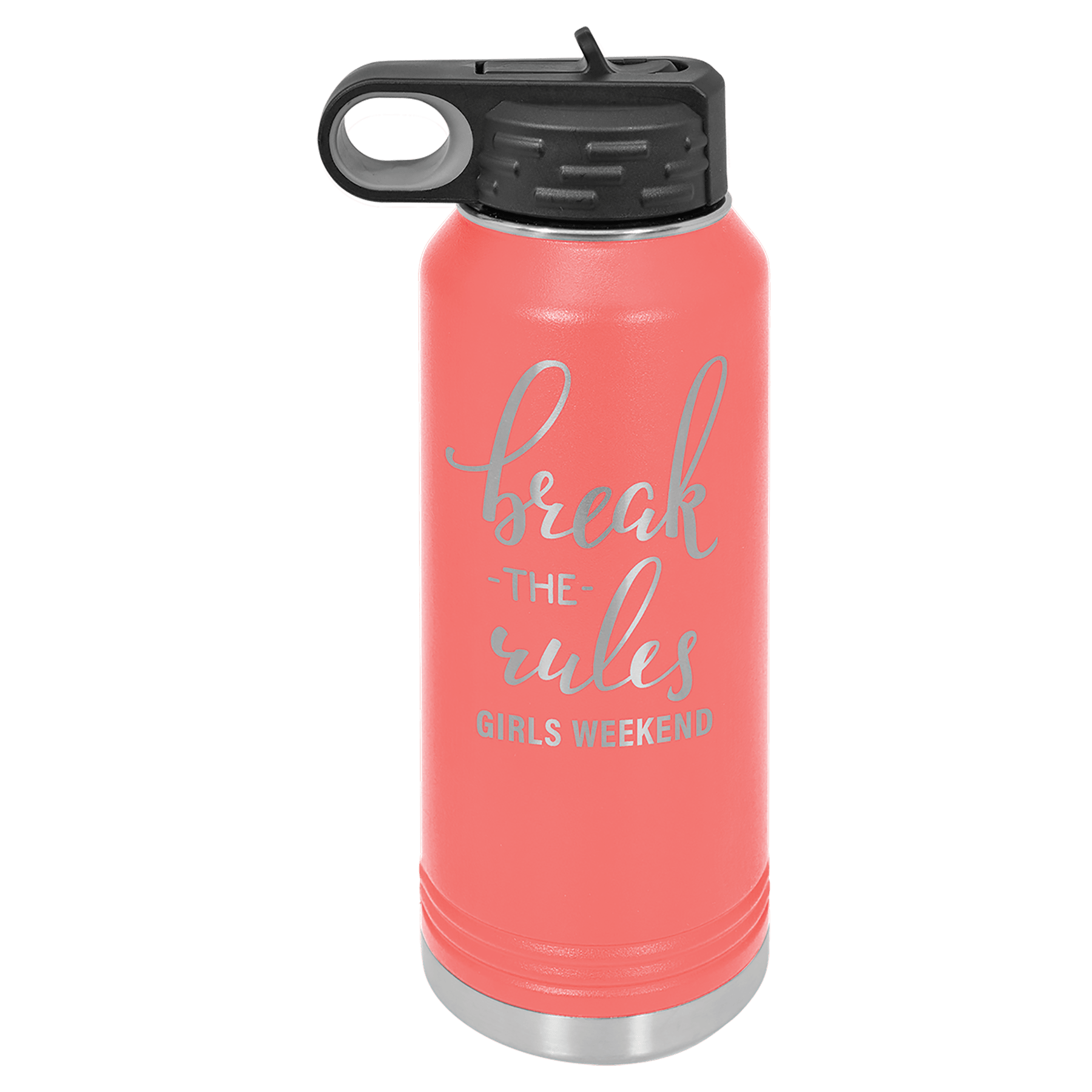 Coral powder-coated 32 oz. insulated water bottle with a black flip-top lid, shown with a sample engraving