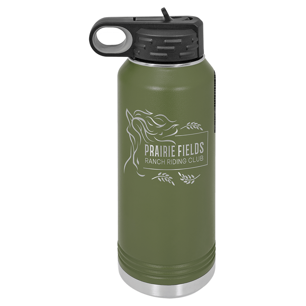 Olive green powder-coated 32 oz. insulated water bottle with a black flip-top lid, shown with a sample engraving
