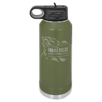 Olive green powder-coated 32 oz. insulated water bottle with a black flip-top lid, shown with a sample engraving