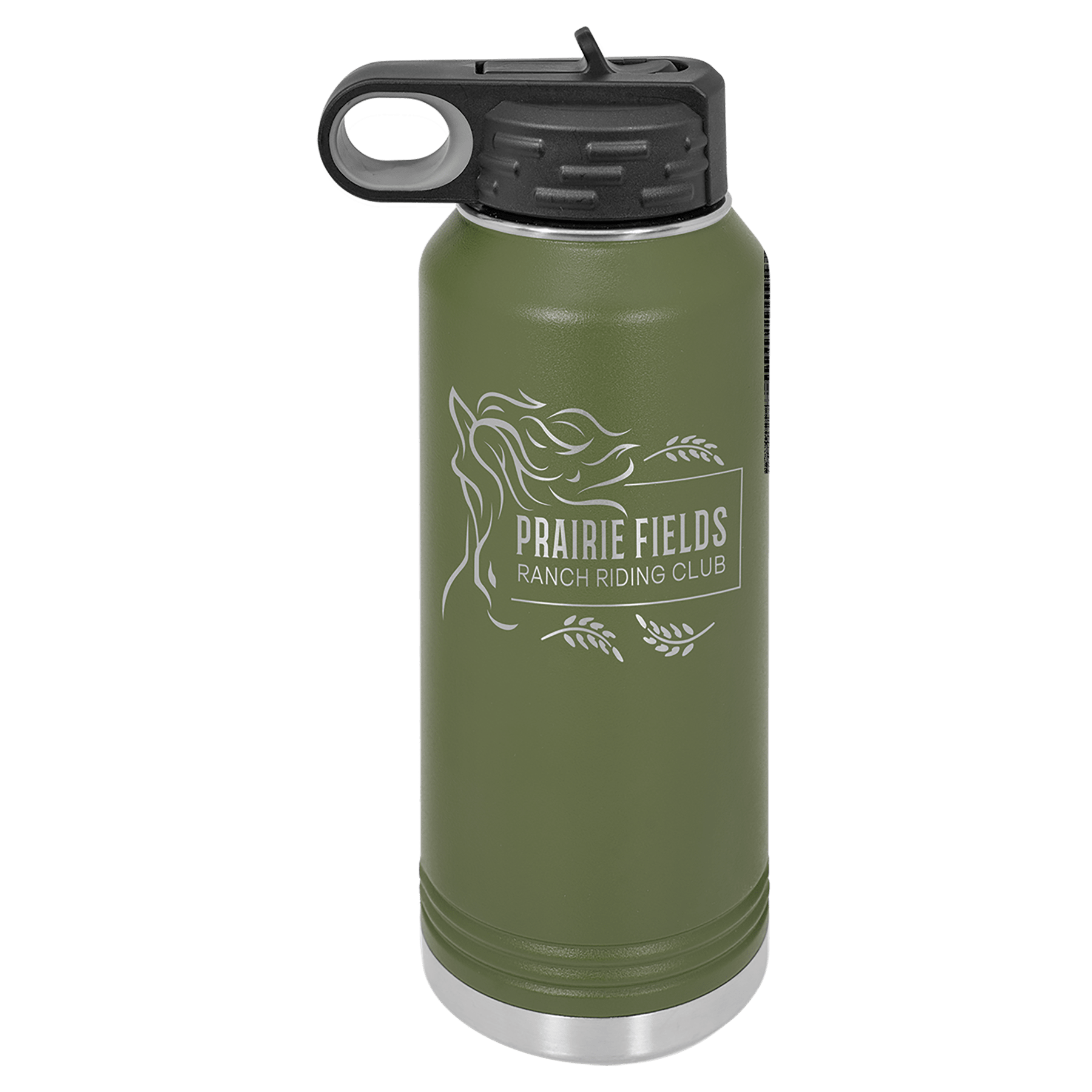 Olive green powder-coated 32 oz. insulated water bottle with a black flip-top lid, shown with a sample engraving
