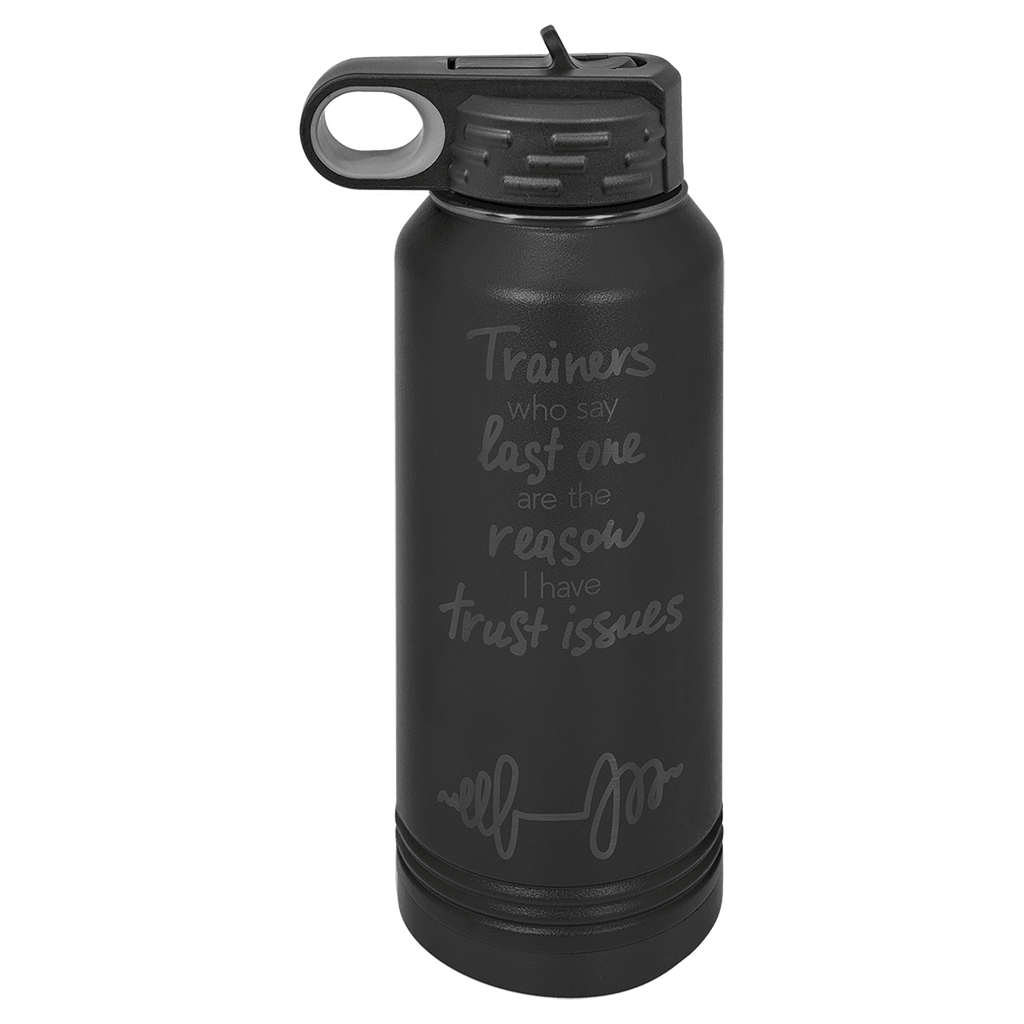 Black 32 oz. insulated water bottle with a ghost black plated band and flip-top straw lid