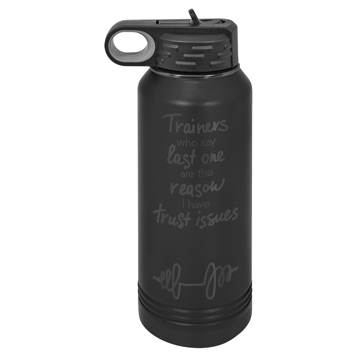 Black 32 oz. insulated water bottle with a ghost black plated band and flip-top straw lid