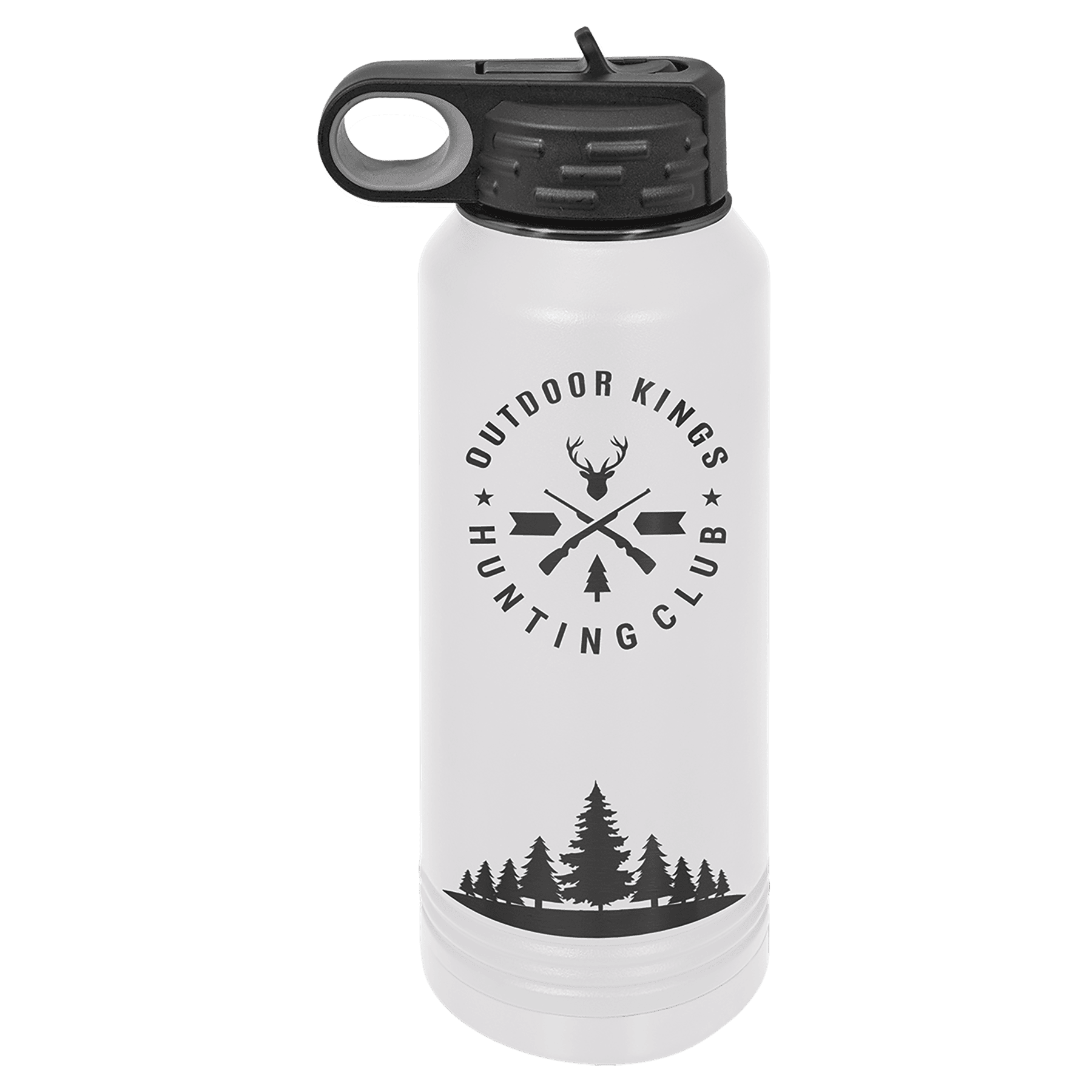 White 32 oz. insulated water bottle with a ghost black plated band and flip-top straw lid