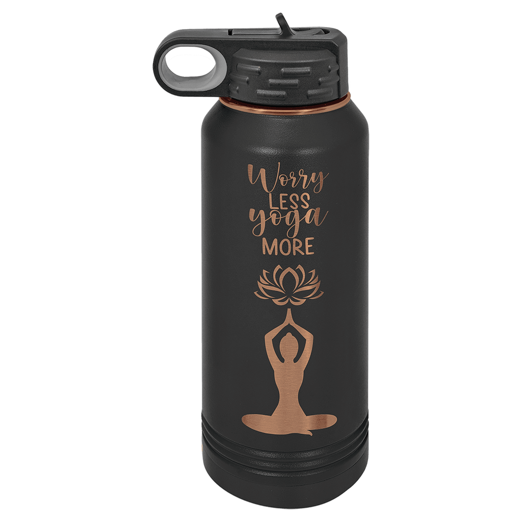Black 32 oz. insulated water bottle with a rose gold plated band and flip-top straw lid