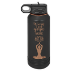 Black 32 oz. insulated water bottle with a rose gold plated band and flip-top straw lid