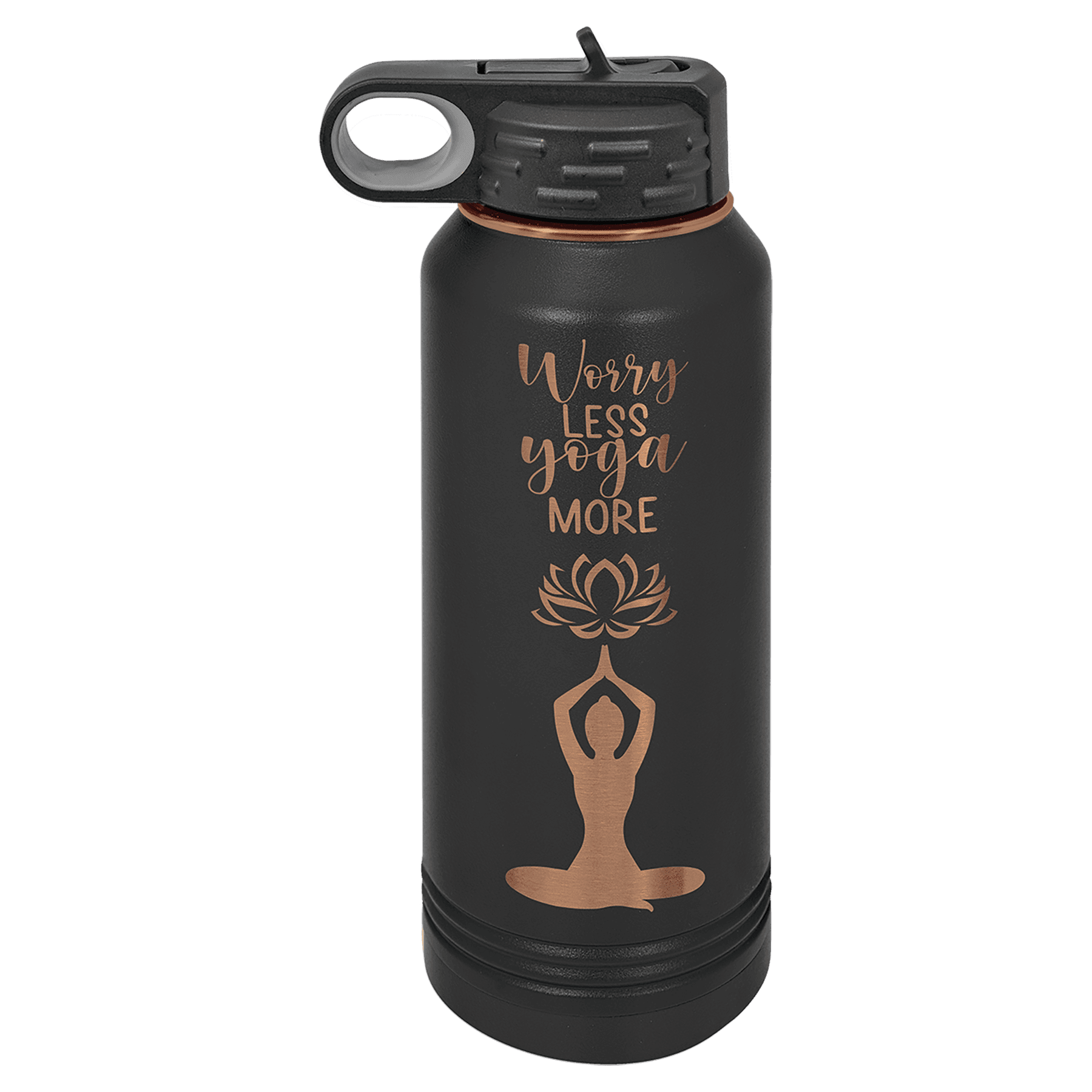 Black 32 oz. insulated water bottle with a rose gold plated band and flip-top straw lid