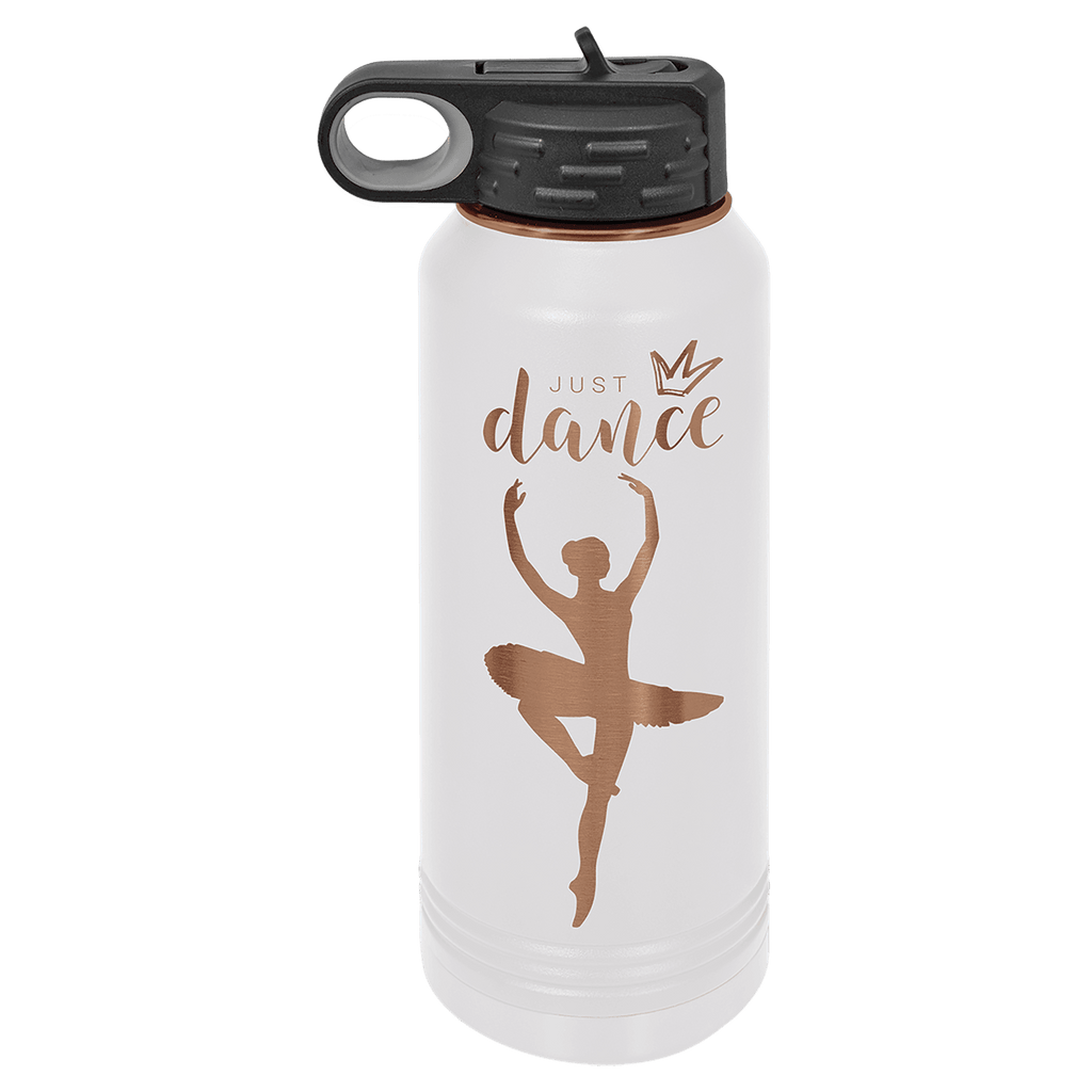 White 32 oz. insulated water bottle with a rose gold plated band and flip-top straw lid