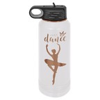 White 32 oz. insulated water bottle with a rose gold plated band and flip-top straw lid