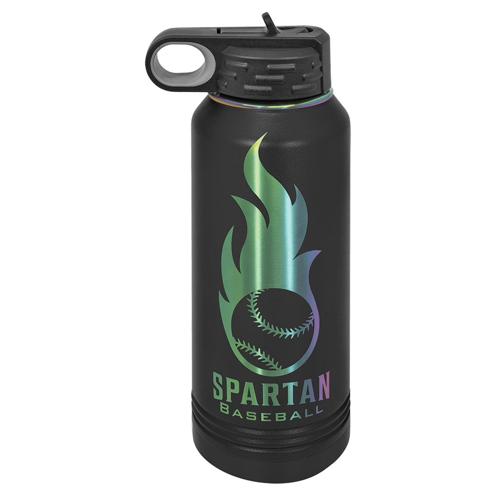 Black 32 oz. insulated water bottle with an iridescent prism band and flip-top straw lid