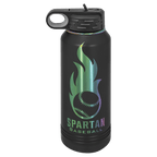 Black 32 oz. insulated water bottle with an iridescent prism band and flip-top straw lid
